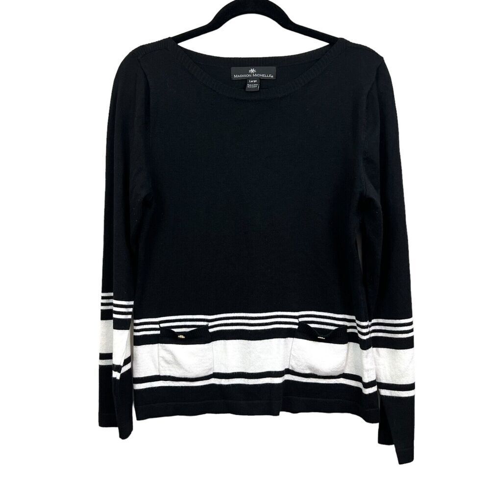 Madison Michelle Womens Knit Sweater Round Neck Front Pockets Black White Sz L*